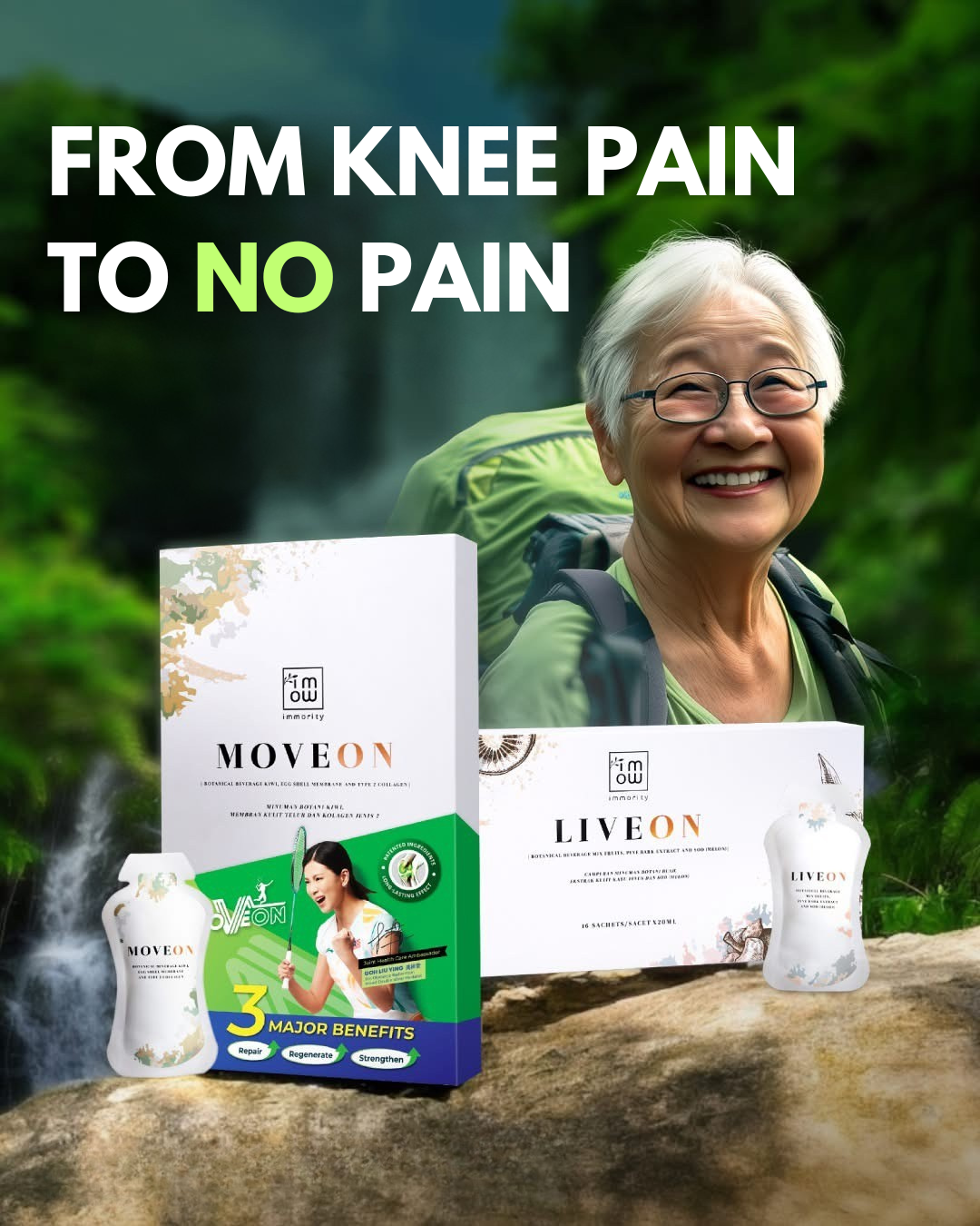 Promotional outdoor ad showing two MOVEON product boxes and pouches on a rock in front of a smiling older woman wearing glasses and a green hiking backpack, with large text reading 'FROM KNEE PAIN TO NO PAIN'.