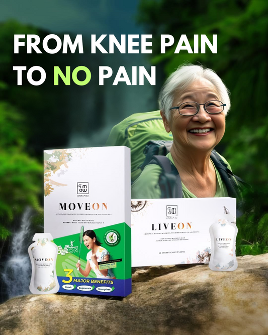 Promotional outdoor ad showing two MOVEON product boxes and pouches on a rock in front of a smiling older woman wearing glasses and a green hiking backpack, with large text reading 'FROM KNEE PAIN TO NO PAIN'.
