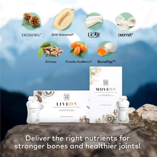 A promotional product graphic for MOVEON LIVEONE bone and joint support. The image shows the product packaging (a box and two pouches) arranged on a rock with a blurred mountain background.