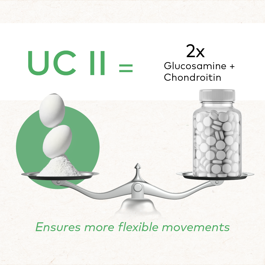 Promotional graphic for UC II supplement, showing a balance scale with three white eggs on one side and a bottle of white tablets on the other. Text reads 'UC II =' and '2x Glucosamine + Chondroitin' with 'Ensures more flexible movements' at the bottom.