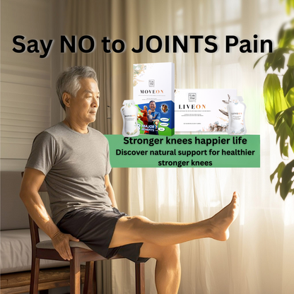 An older man sitting on a wooden chair in a home setting, with product boxes and supplement bottles for MOVEON and LIVEON displayed alongside text promoting joint pain relief.